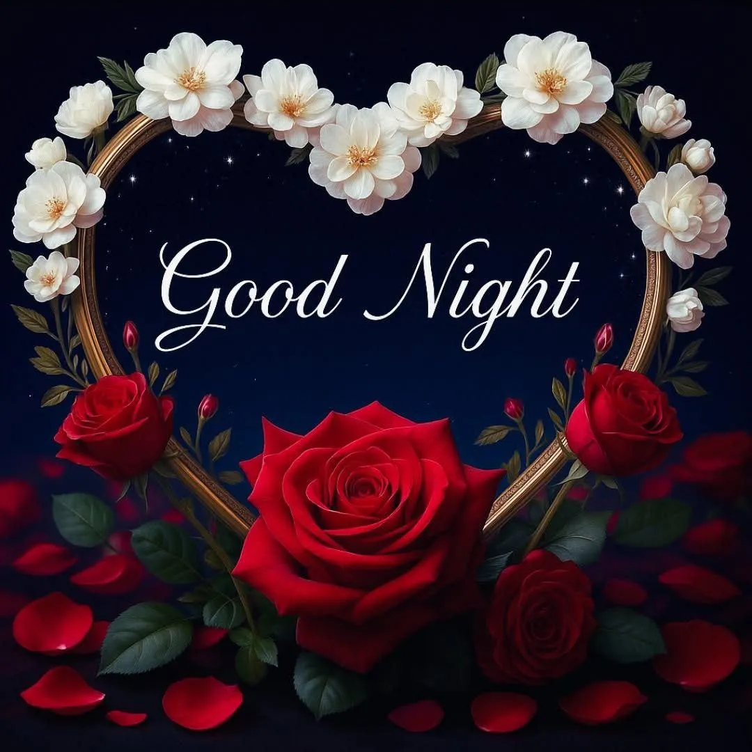 Red Rose with Dreamy Good Night Floral Background Hd Image