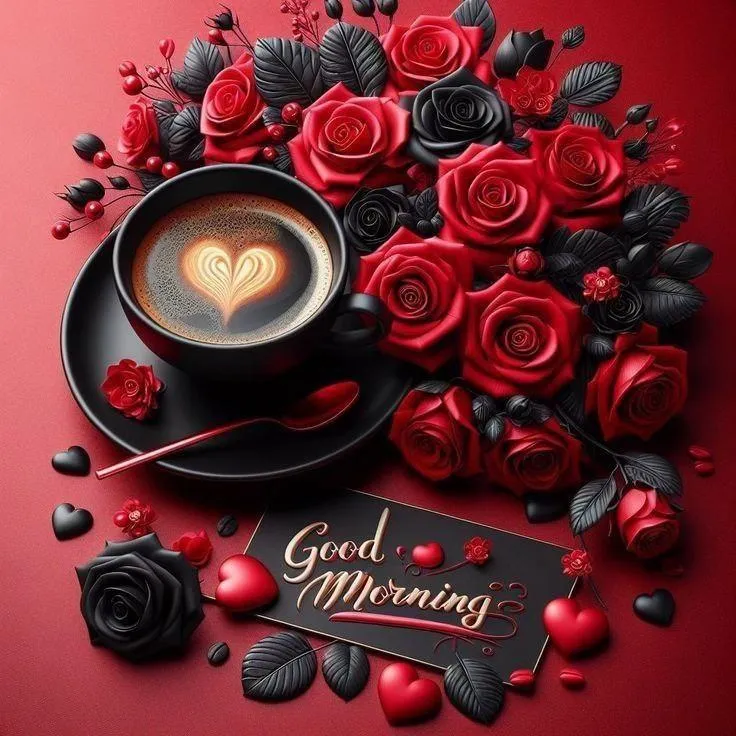 Red Roses and Coffee Cup with Good Morning Text Wallpaper