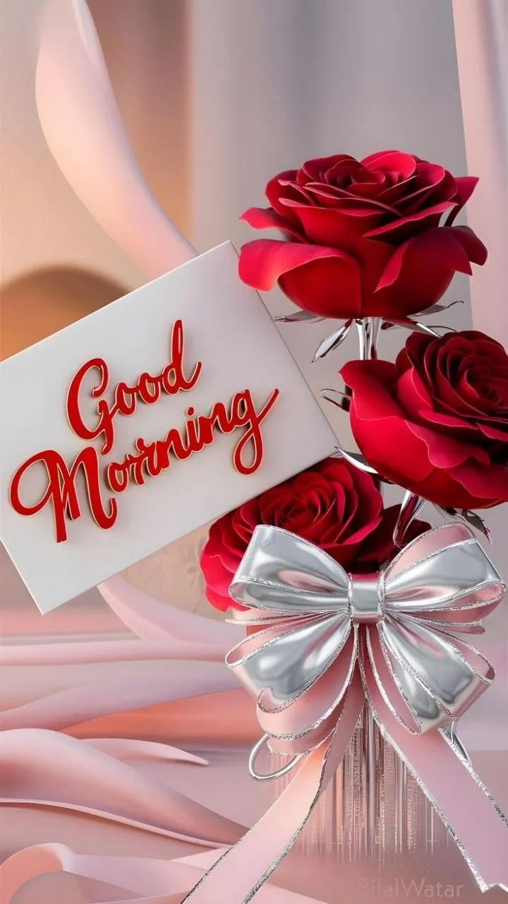 Red Roses with Good Morning Text on a White Background