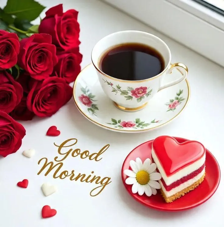 Red Roses with Tea Cup to Welcome a Beautiful Morning