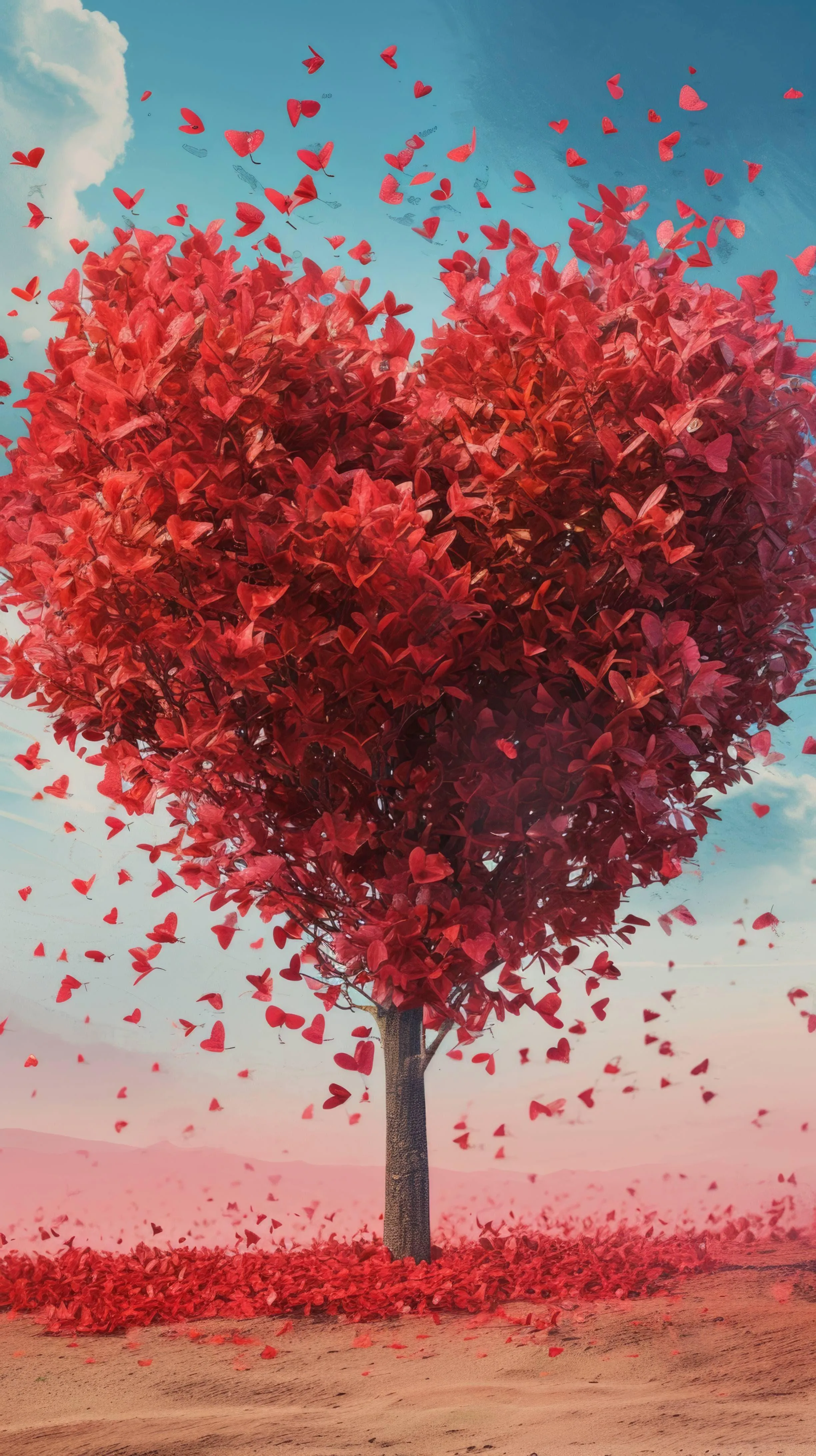 Red Tree Shaped Like Heart Under Blue Sky Wallpaper