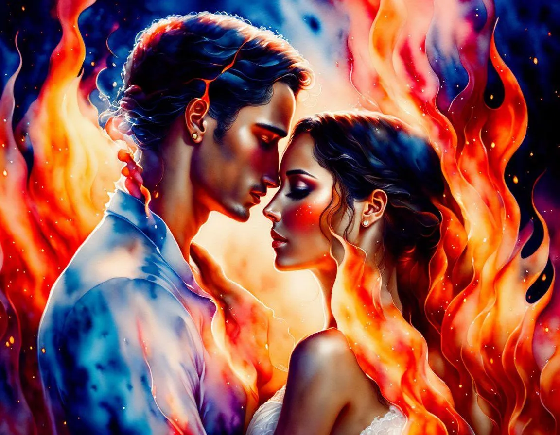 Romantic Couple in Fire and Ice Fusion Art Wallpaper