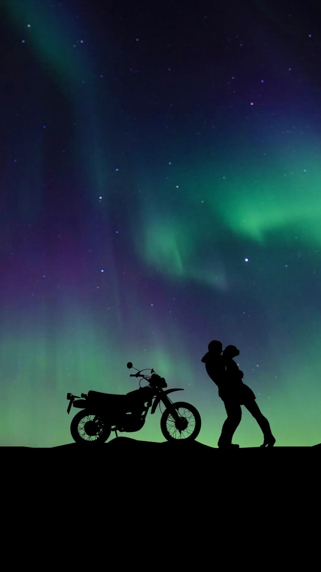 Romantic Couple Under Aurora Sky with Motorcycle Wallpaper