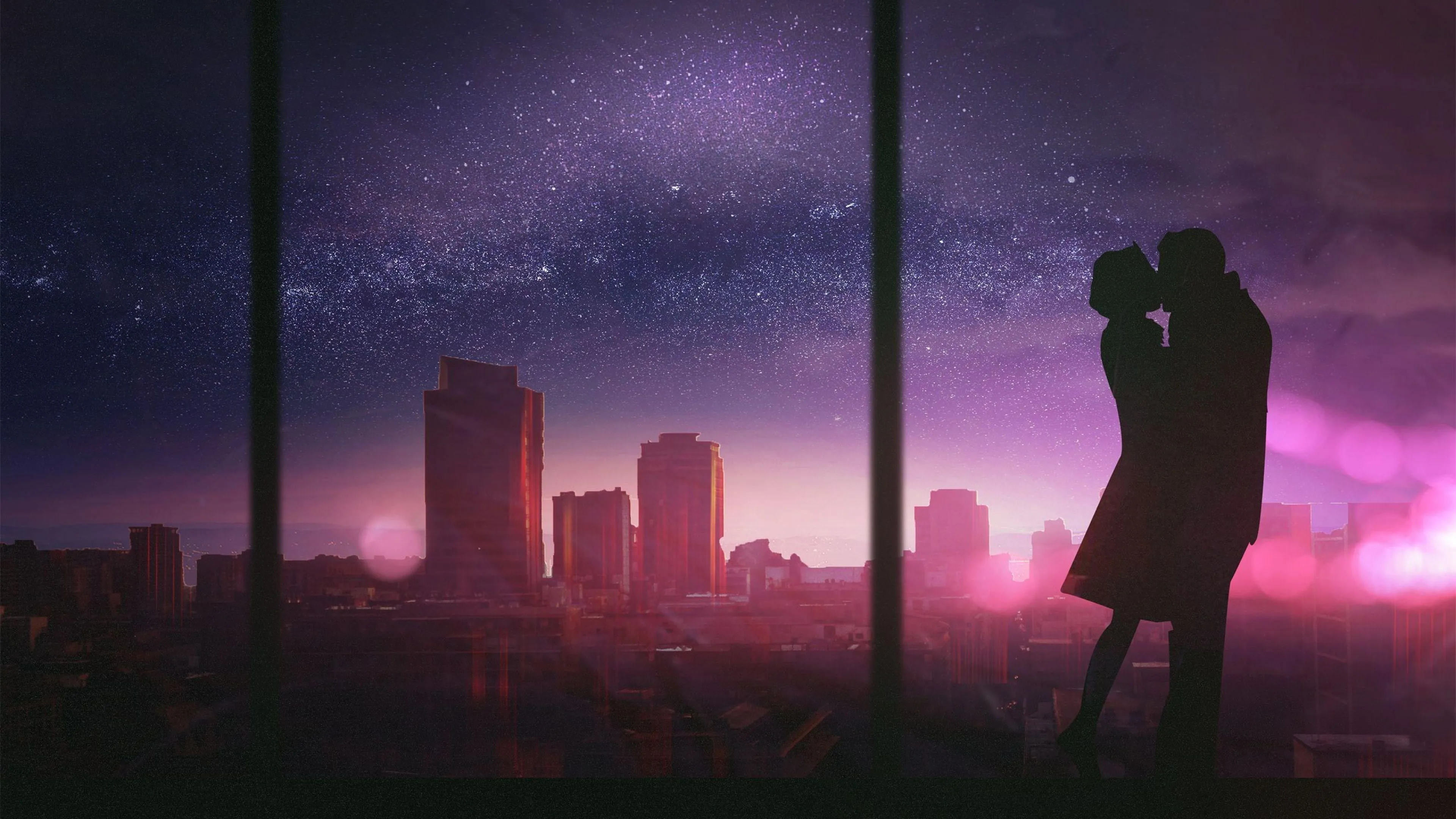 Romantic Evening Silhouette by City Skyline Lights Wallpaper