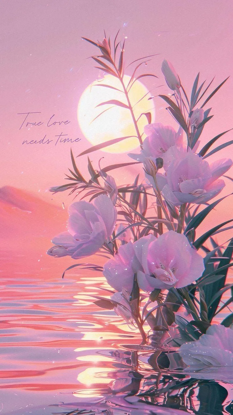 Romantic Flowers by Lake Creating Peaceful Emotion