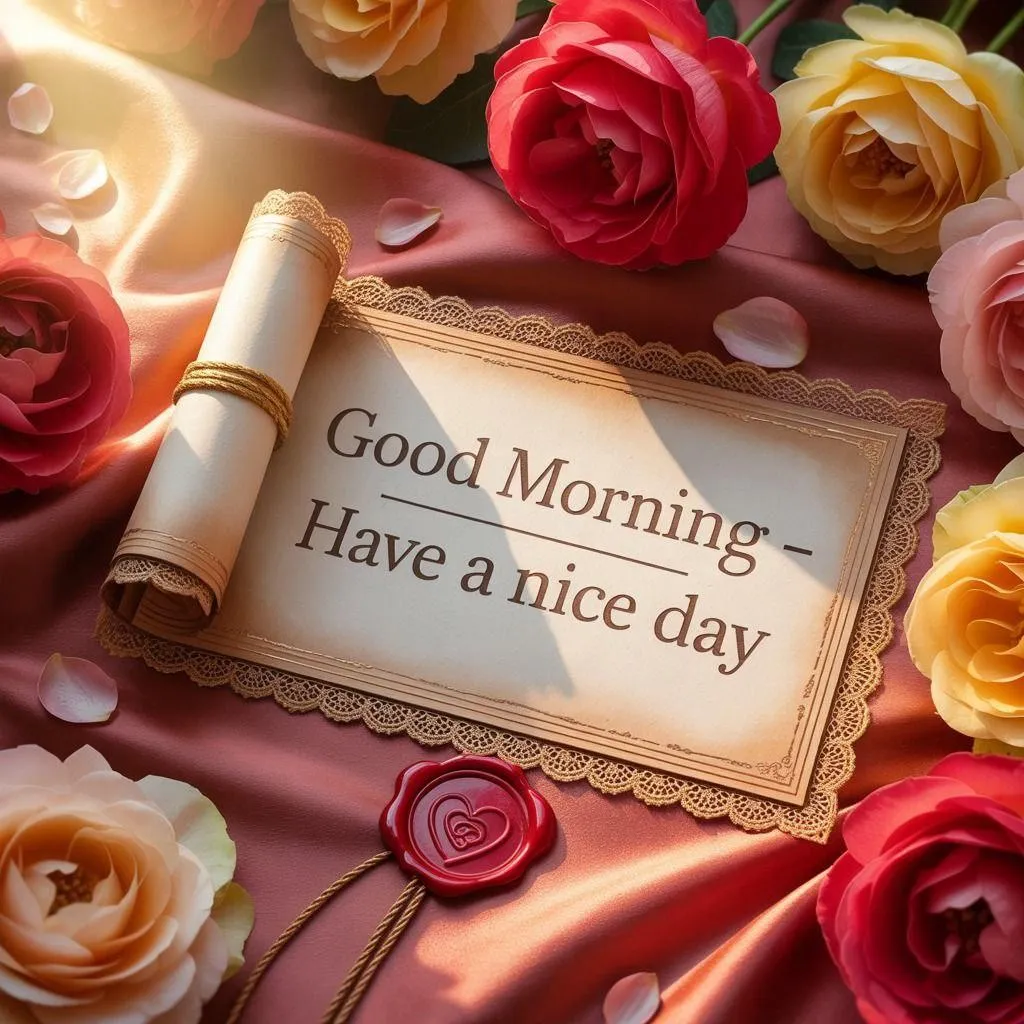 Romantic Morning Note with Red and Yellow Roses Wallpaper