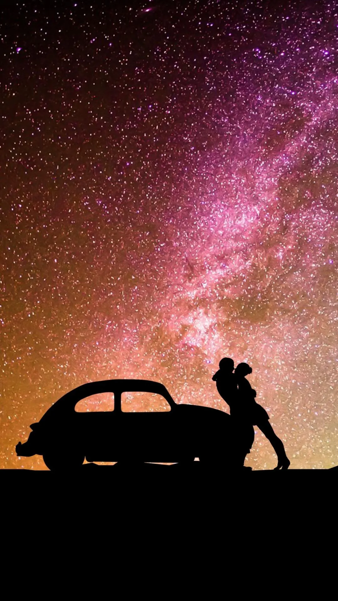 Romantic Night Sky with Couple on Car under Stars Wallpaper