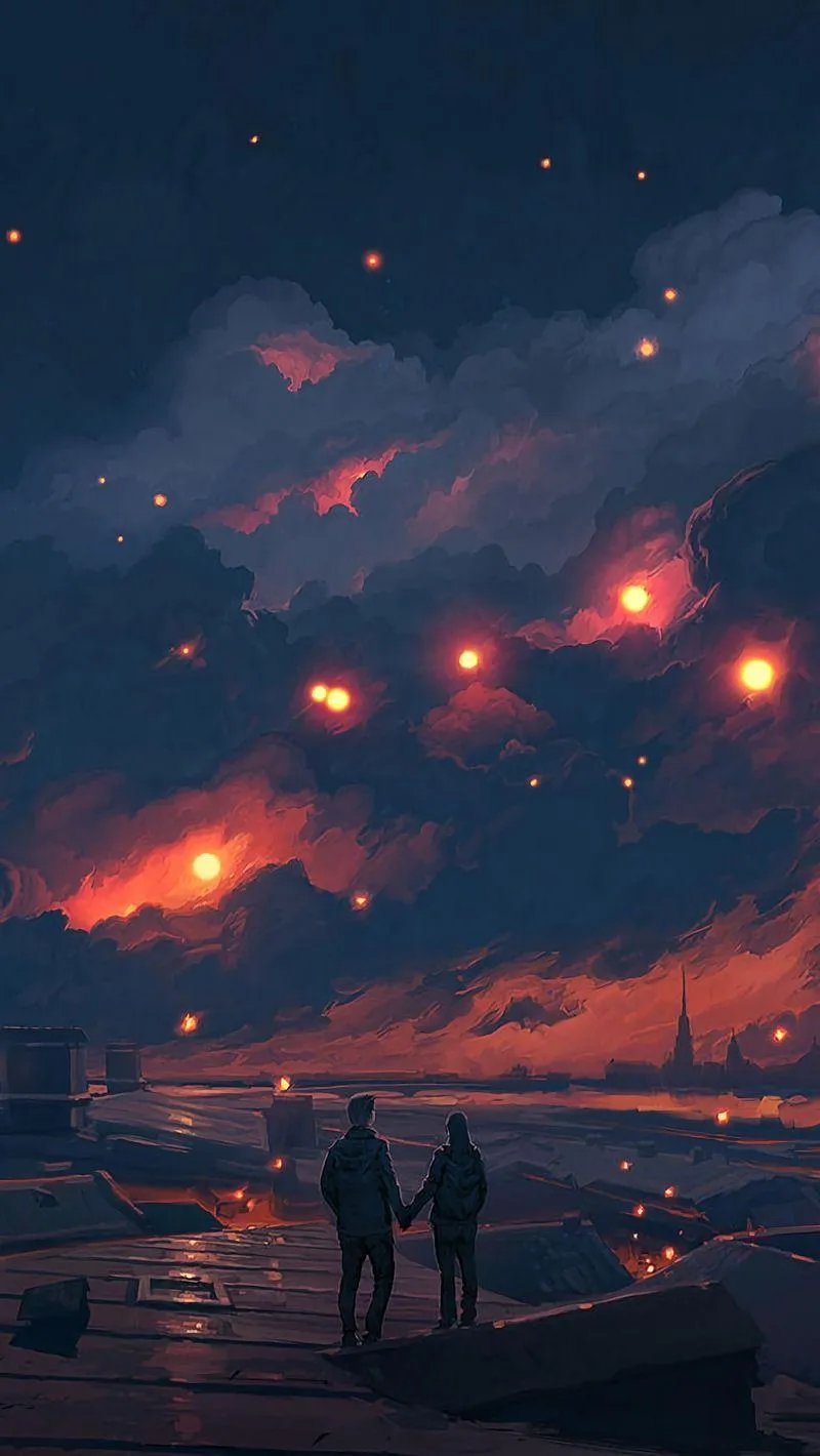 Romantic Sky View with Lovers at Sunset Wallpaper