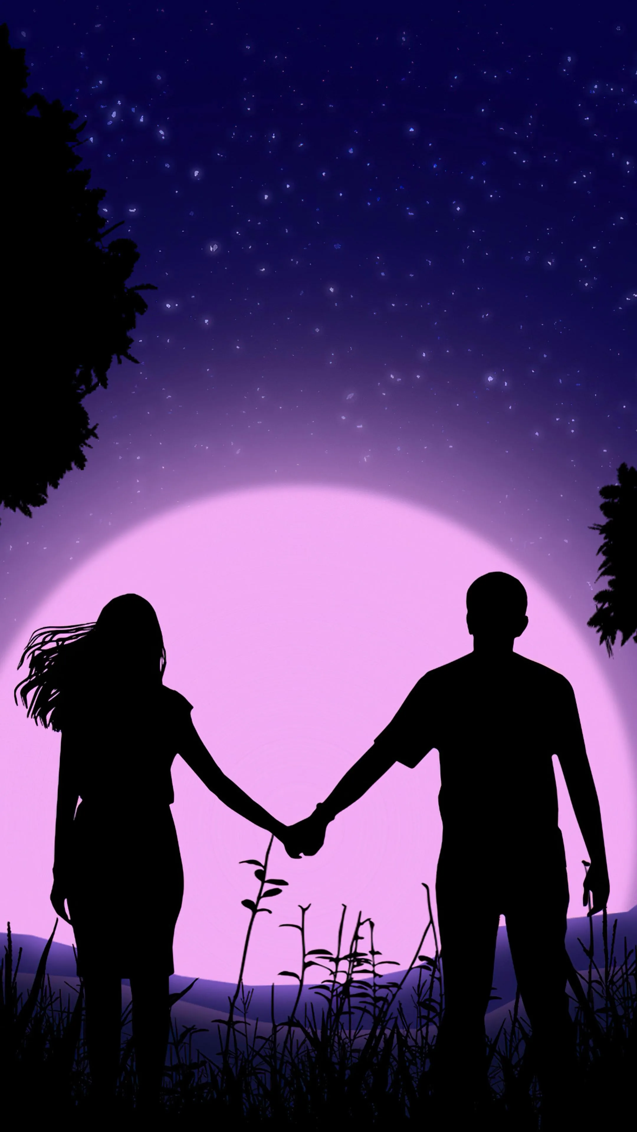 Silhouette Couple Holding Hands Under Twilight Wallpaper