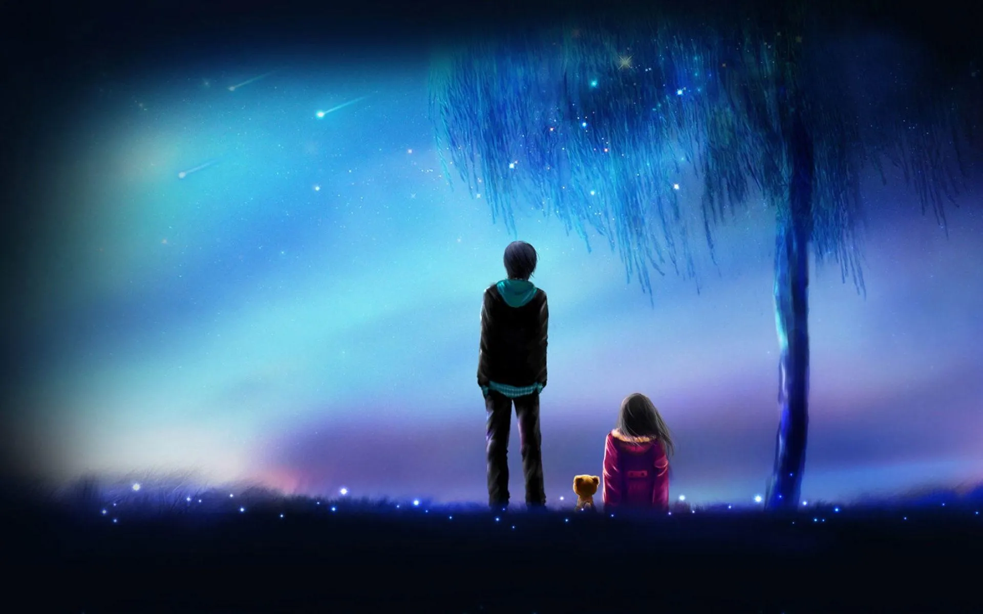 Silhouette Couple with Cat Under Stars in Peaceful Night