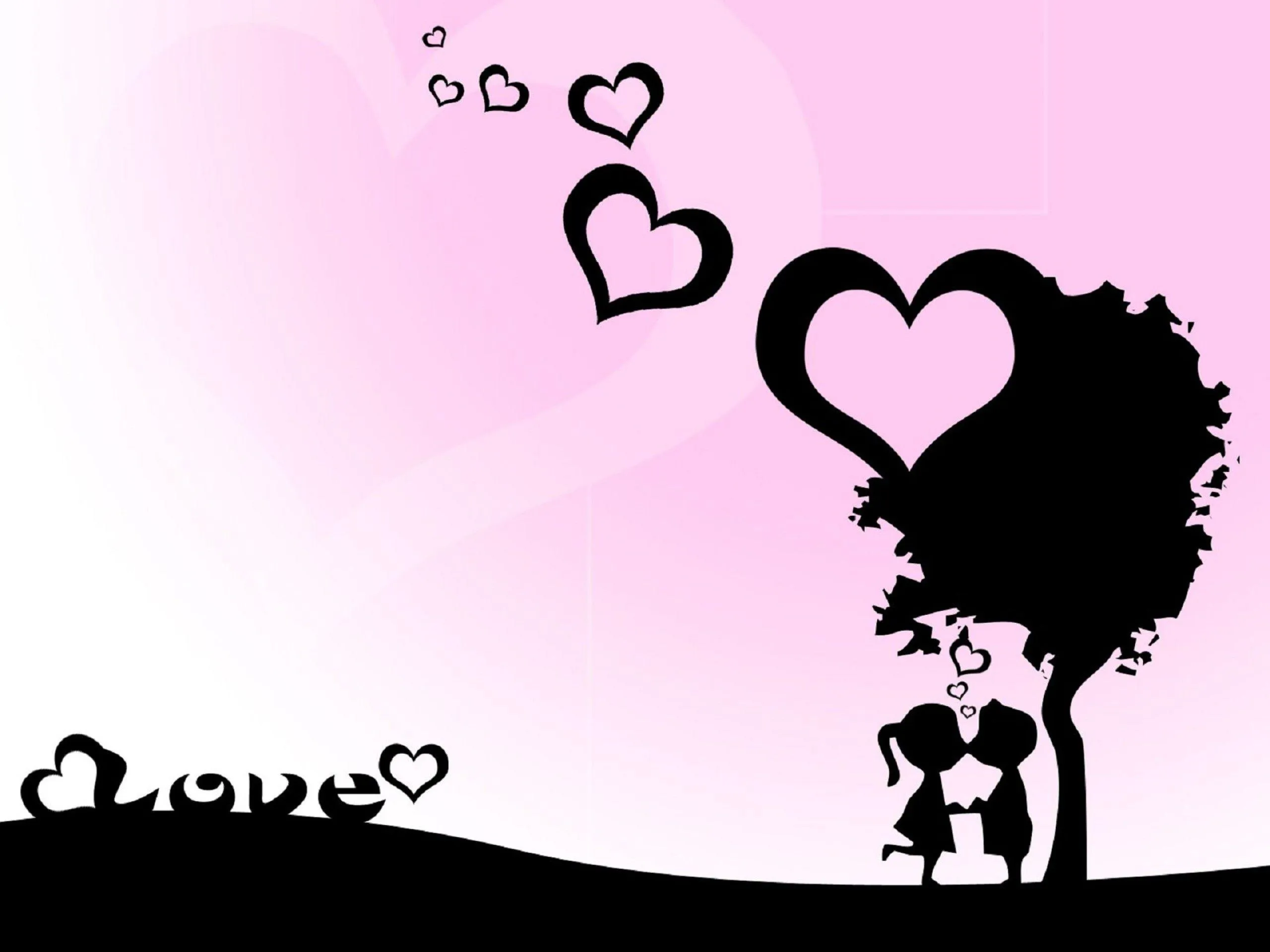 Silhouette Couple with Floating Heart of Love Wallpaper