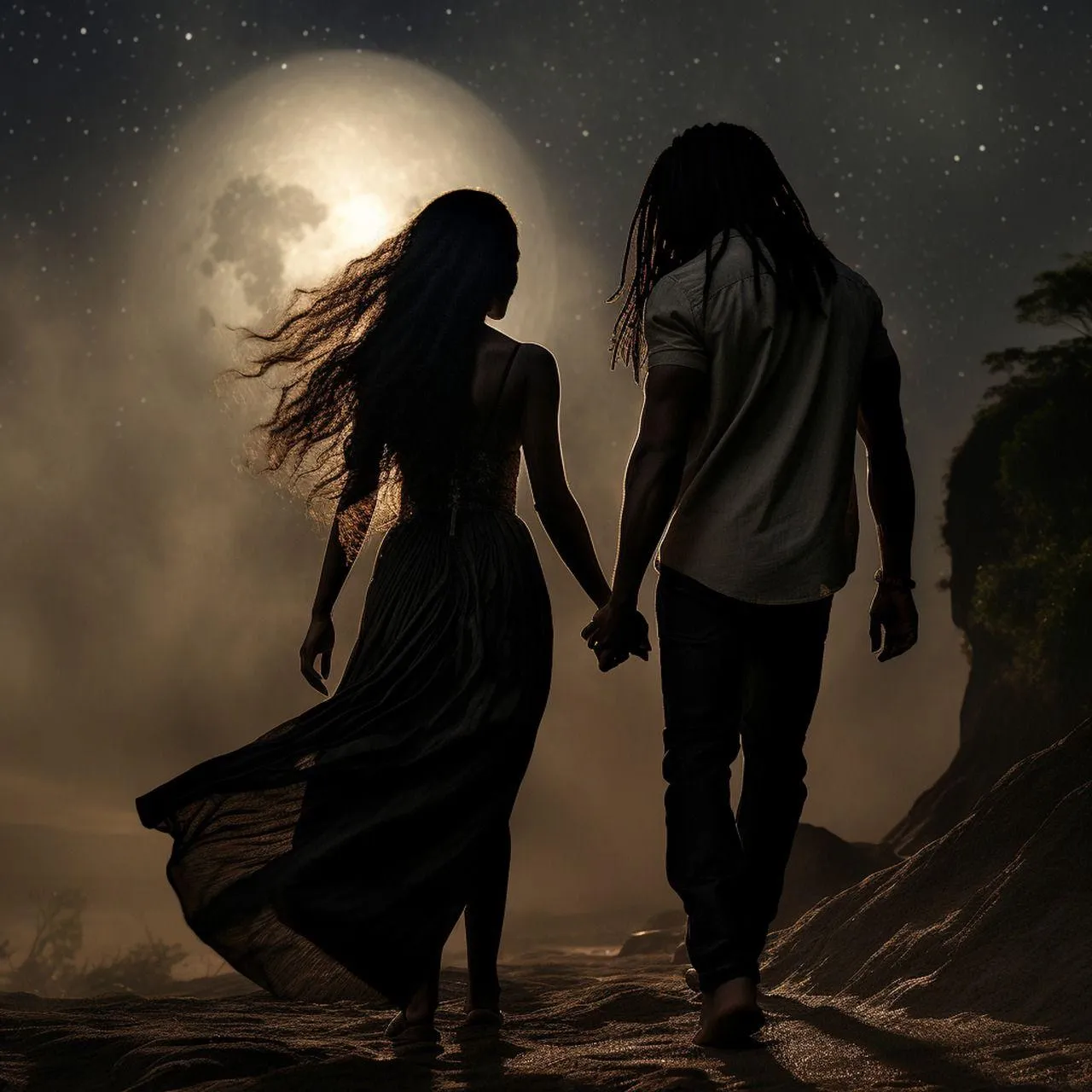 Silhouette of Couple Walking in Soft Moonlight HD Image