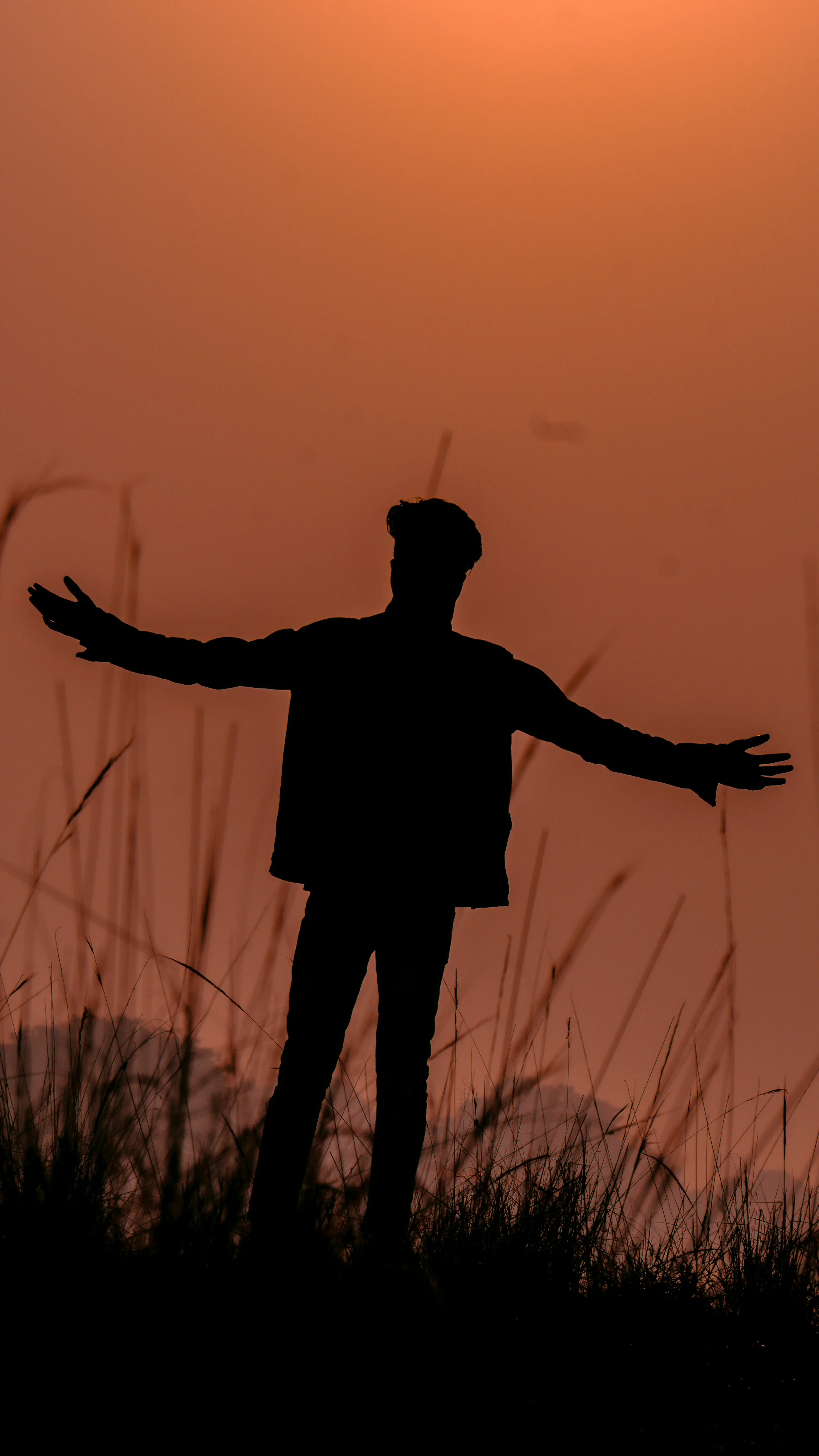 Silhouette Person Standing in Golden Sunset Sky Wallpaper