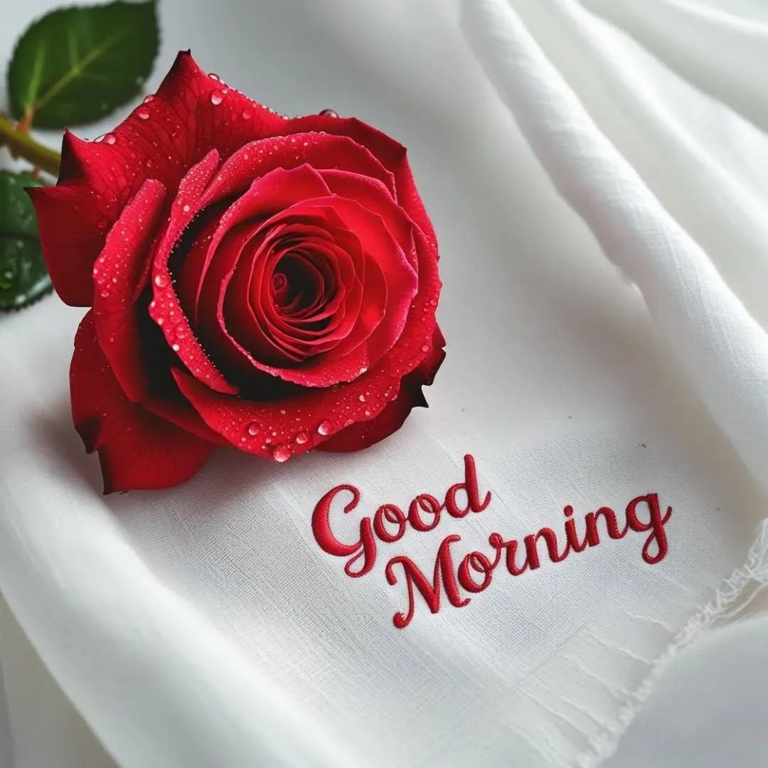 Single Red Rose with Elegant Good Morning Greeting Wallpaper