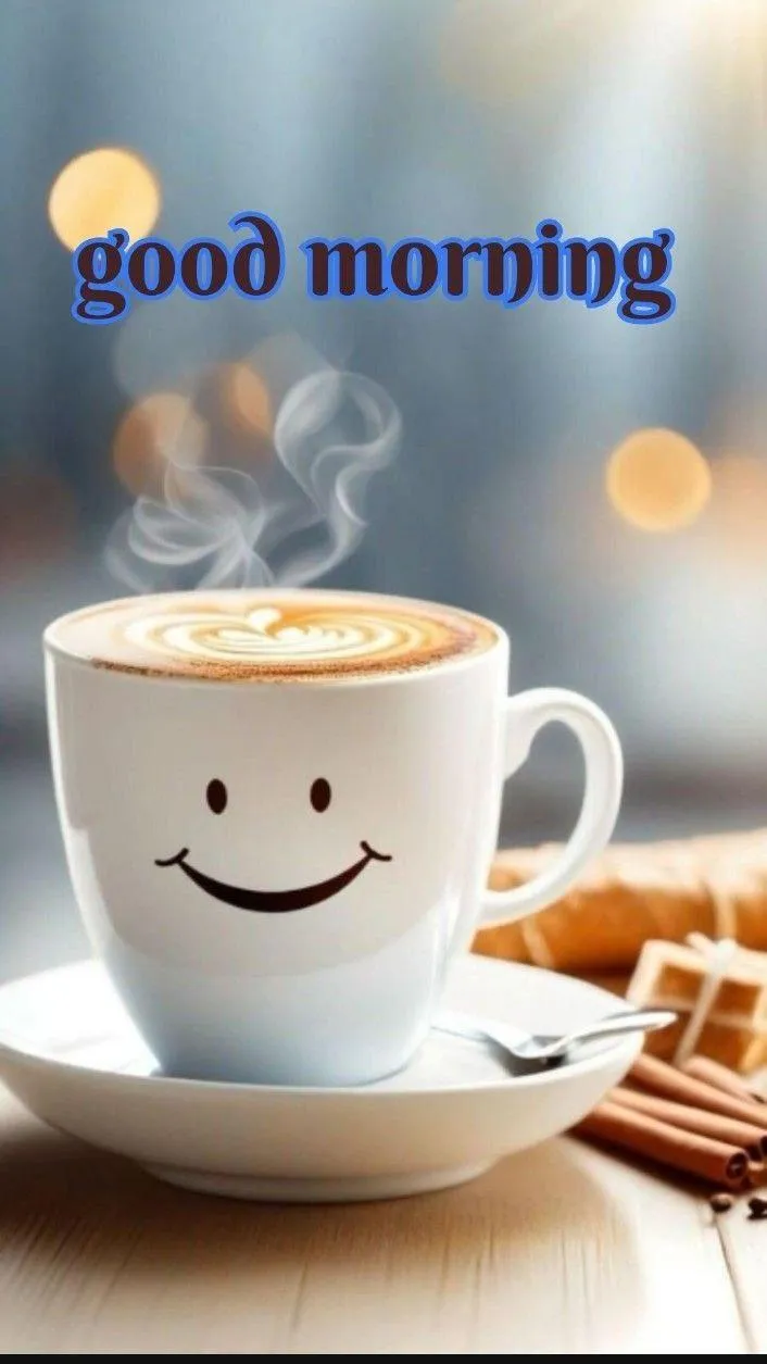 Smiling Coffee Cup Good Morning Text on Blue Sky Image