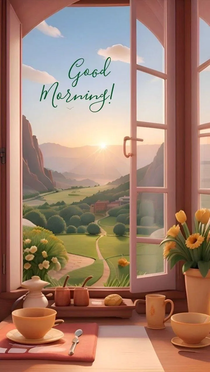 Sunrise Through Window with Elegant Morning Card Wallpaper