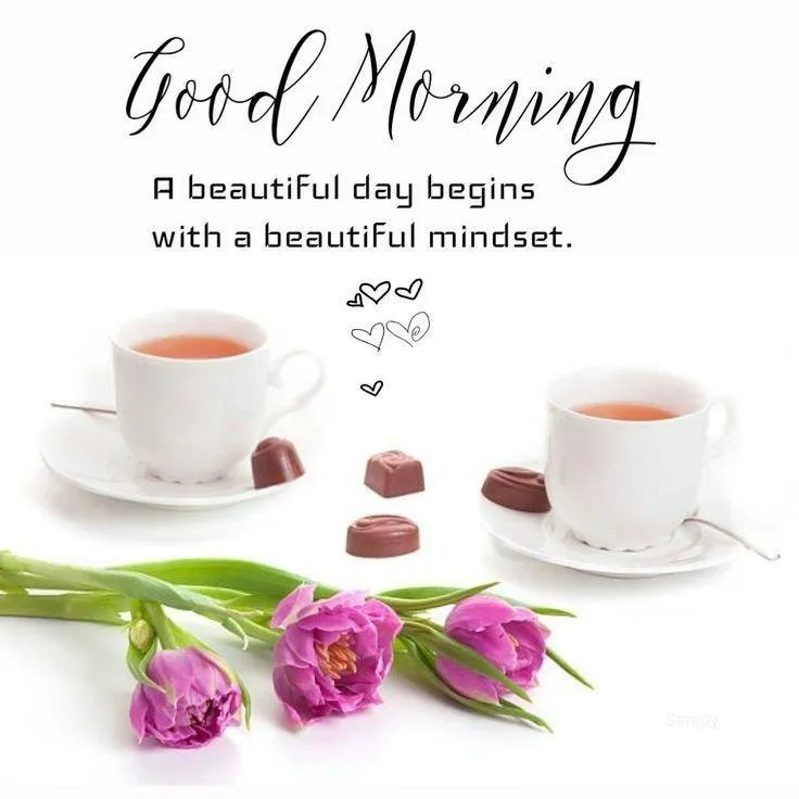 Tea and Flower Flatlay with Minimalist Morning Message