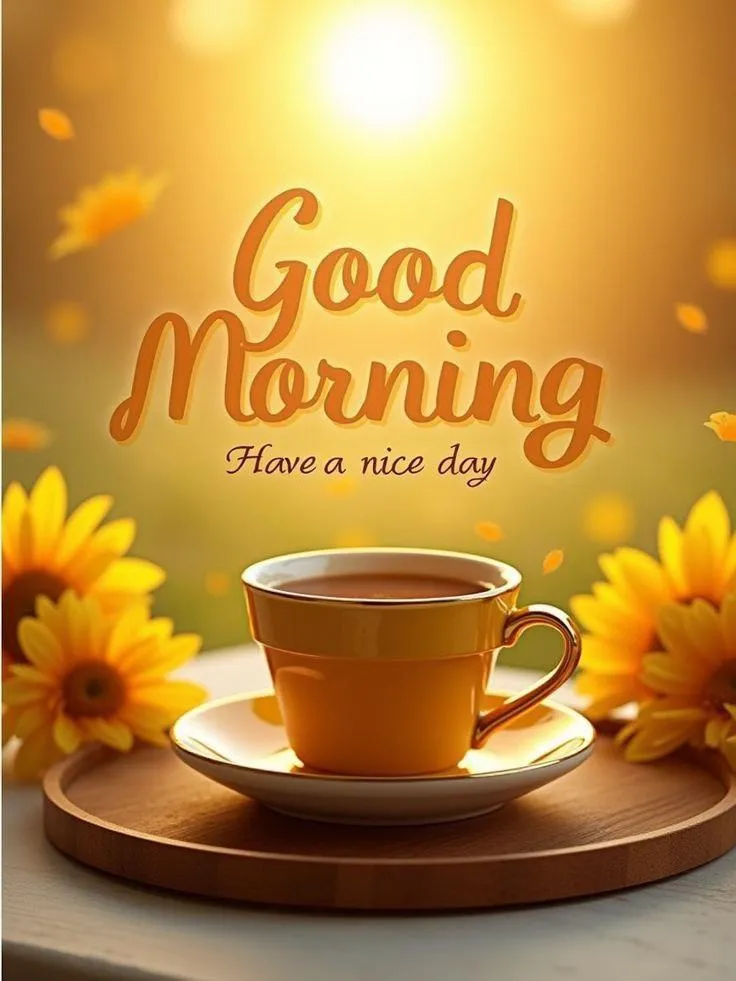 Tea Cup with Flowers and Glowing Light Good Morning Card