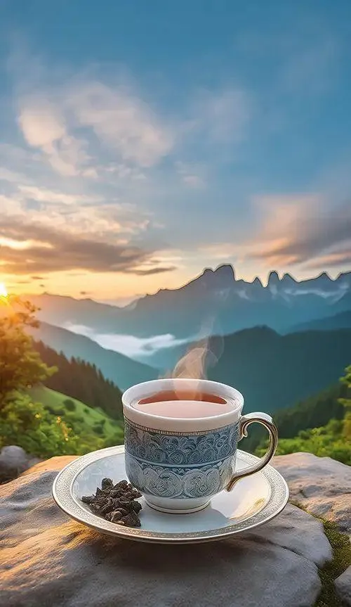 Tea on Dock with Mountains and Sunrise in the Back