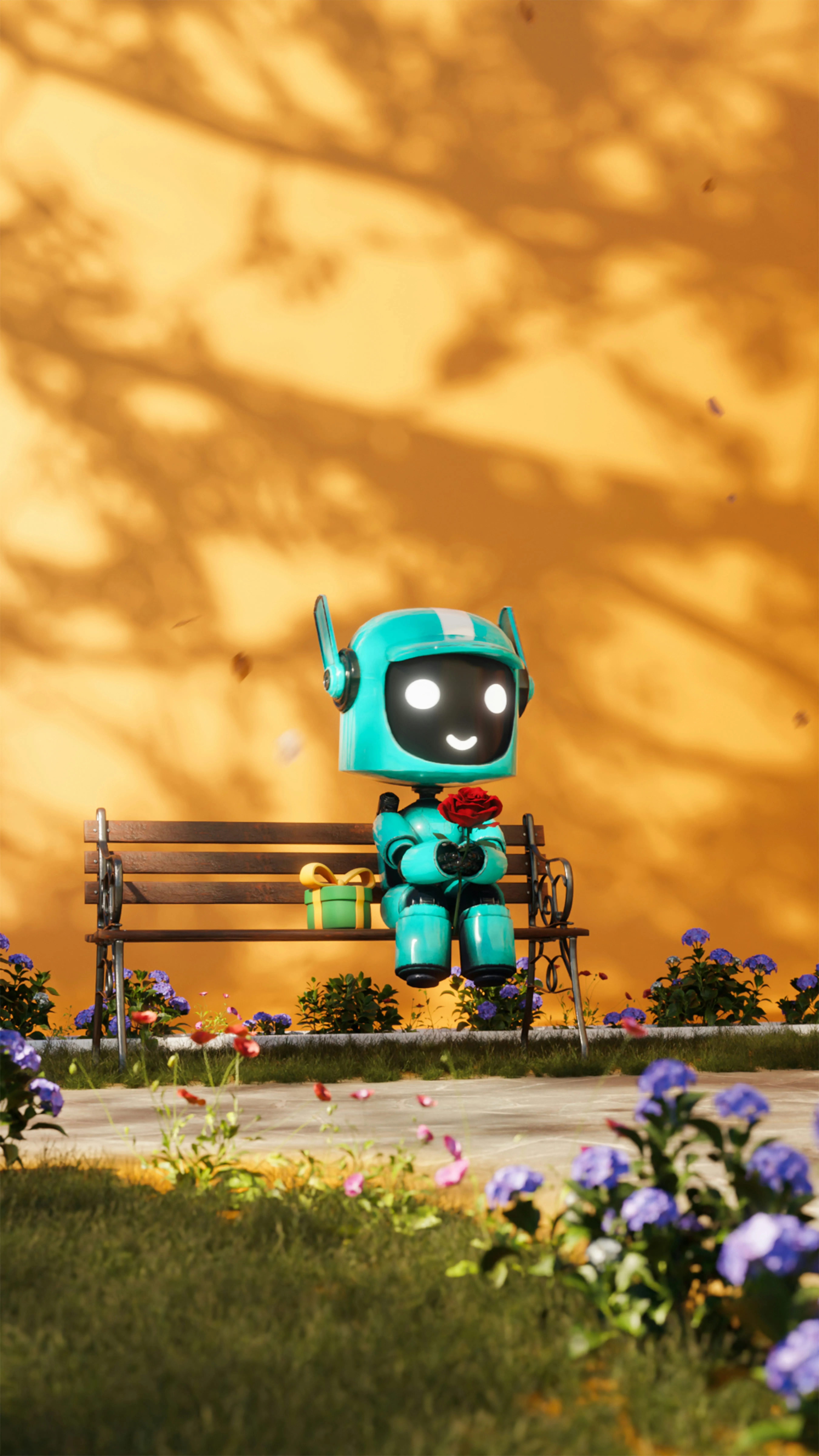 Toy Robot in Garden Showing Whimsical Affection Wallpaper