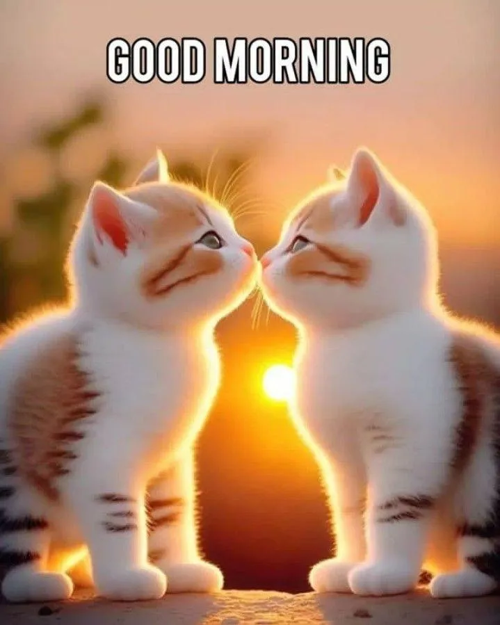 Two Cute Cats Enjoying Sunrise with Morning Wishes