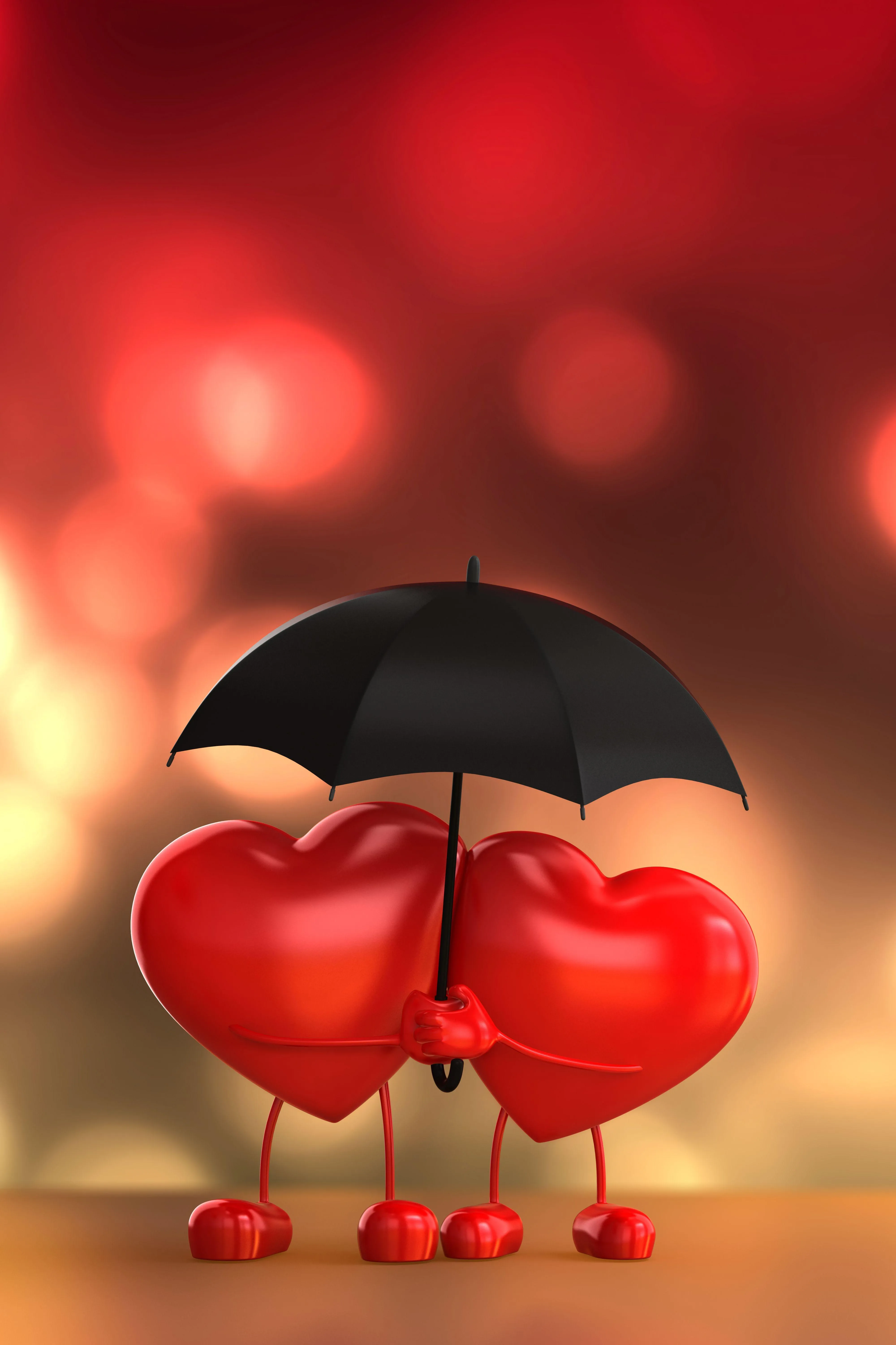 Two Cute Hearts Under Umbrella Sharing Rain Wallpaper