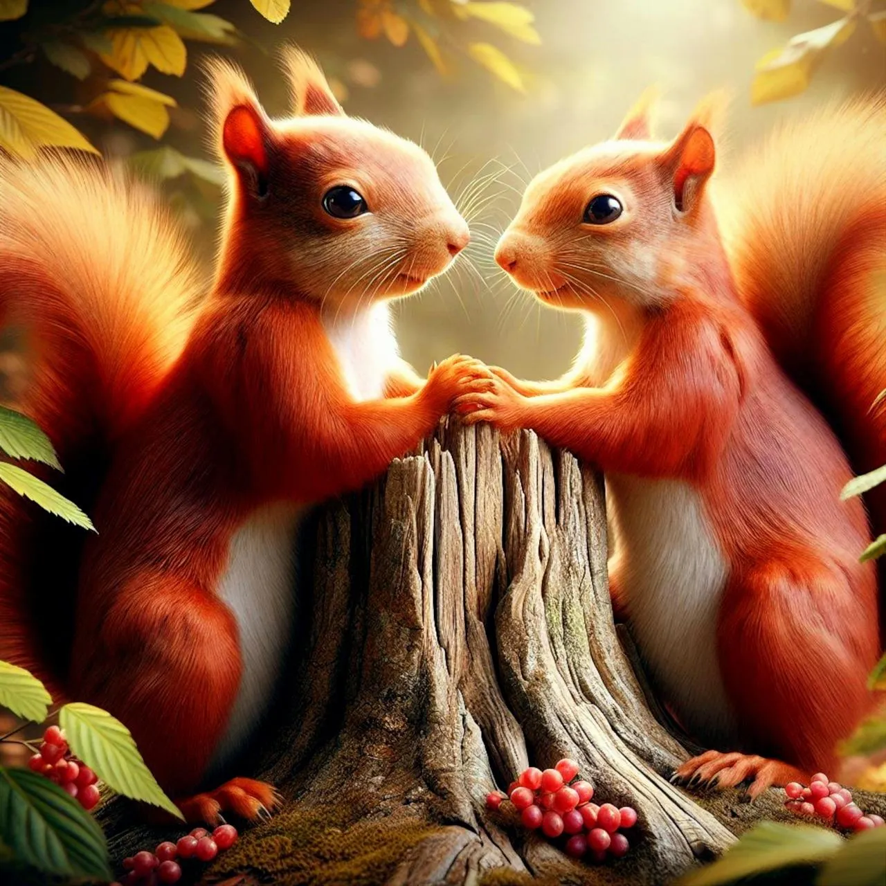 Two Squirrels Sharing Love in a Peaceful Forest Wallpaper