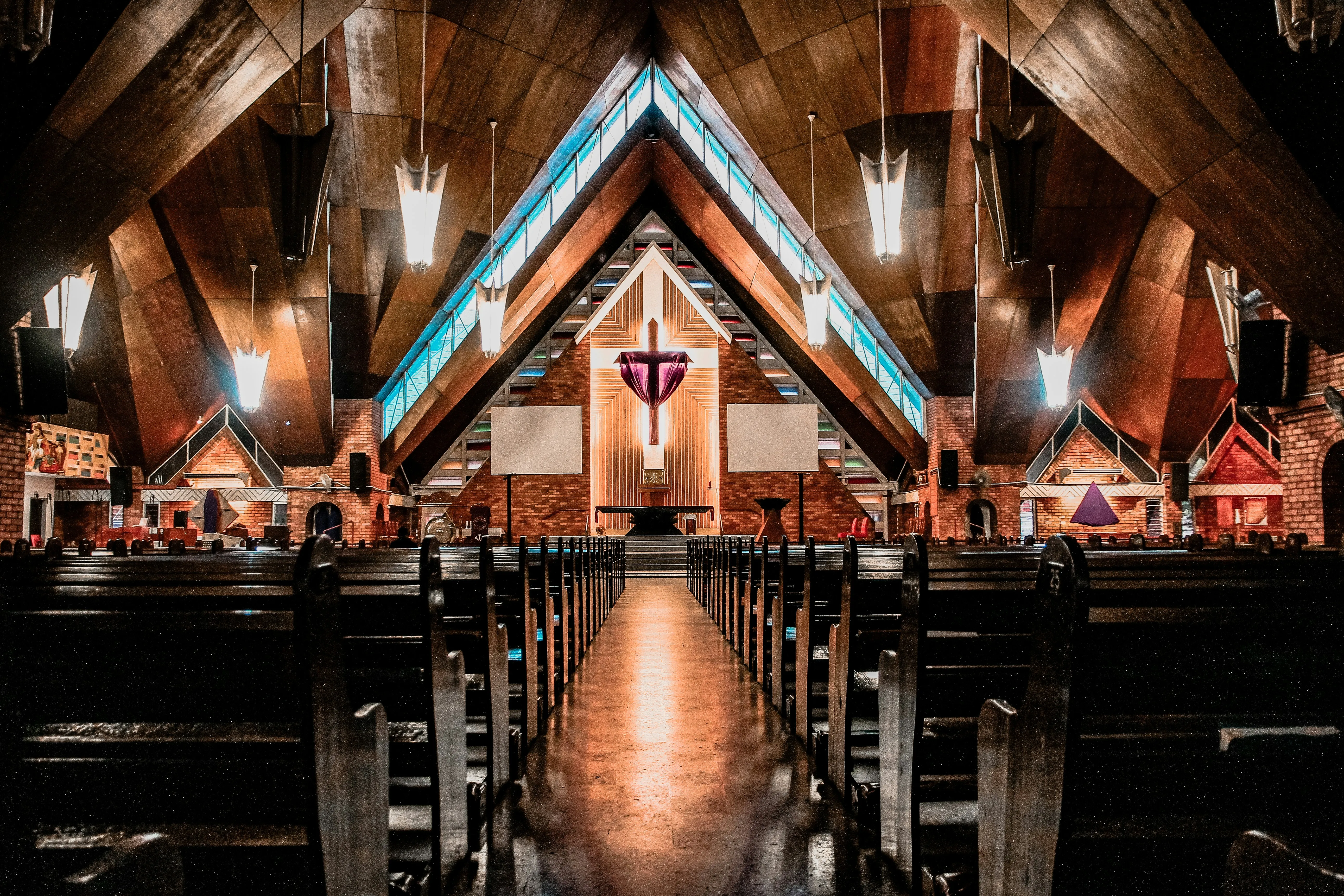 Warm Lights Reflecting on Romantic Wooden Church Wallpaper