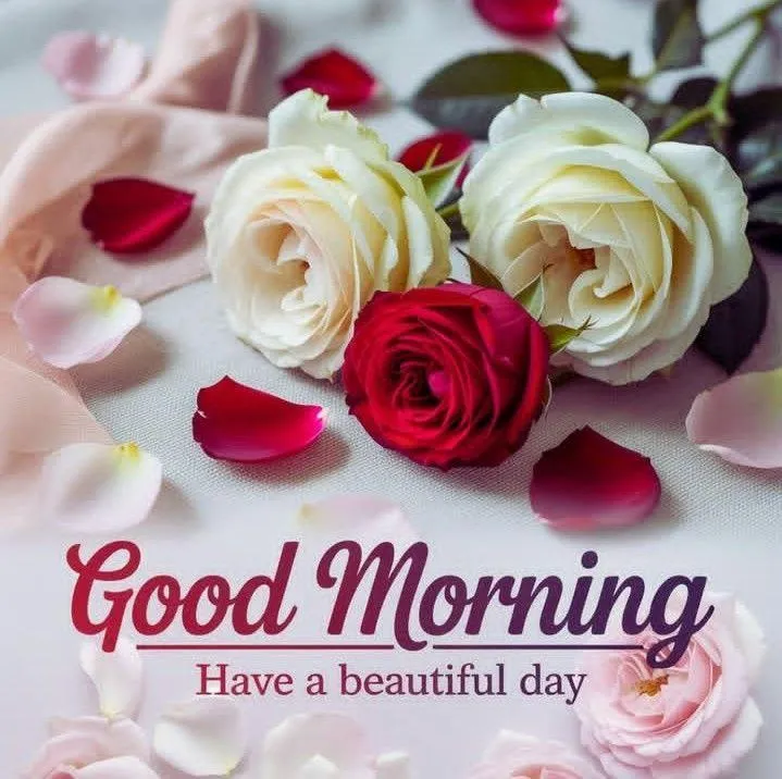 White Roses and Pink Buds with Morning Greeting Image