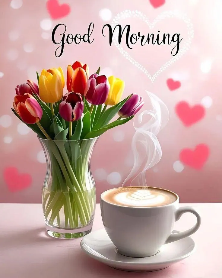 White Teacup and Pink Flowers with Sweet Greeting Image