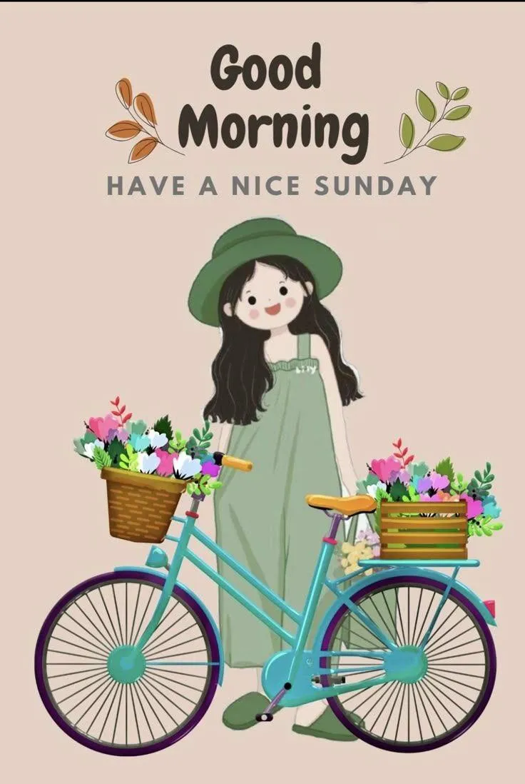 Woman Riding Bicycle with Flowers and Good Morning