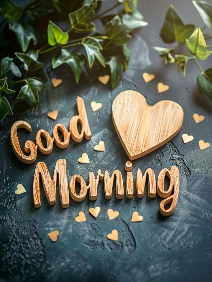 Wooden Heart and Good Morning Text on Wooden Background