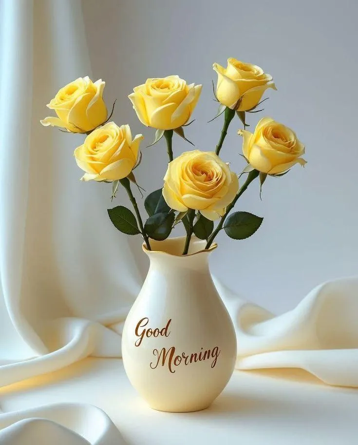 Yellow Flowers in Vase with Simple Morning Message