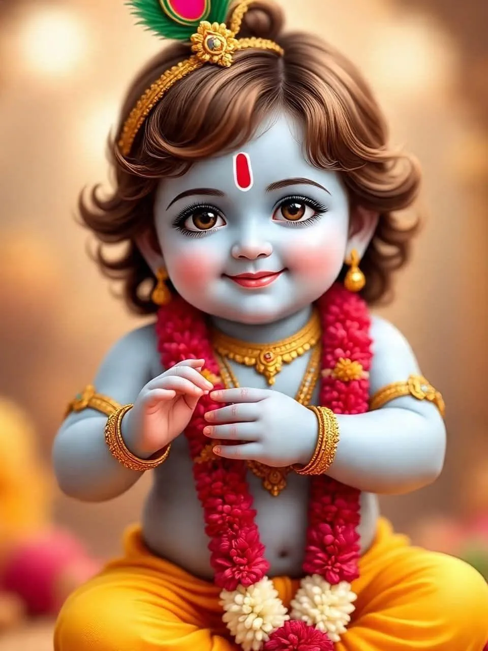 Adorable Baby Krishna Smiling with Garland of Flowers Wallpaper
