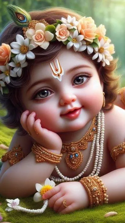 Adorable Baby Krishna with Floral Garland and Jewelry