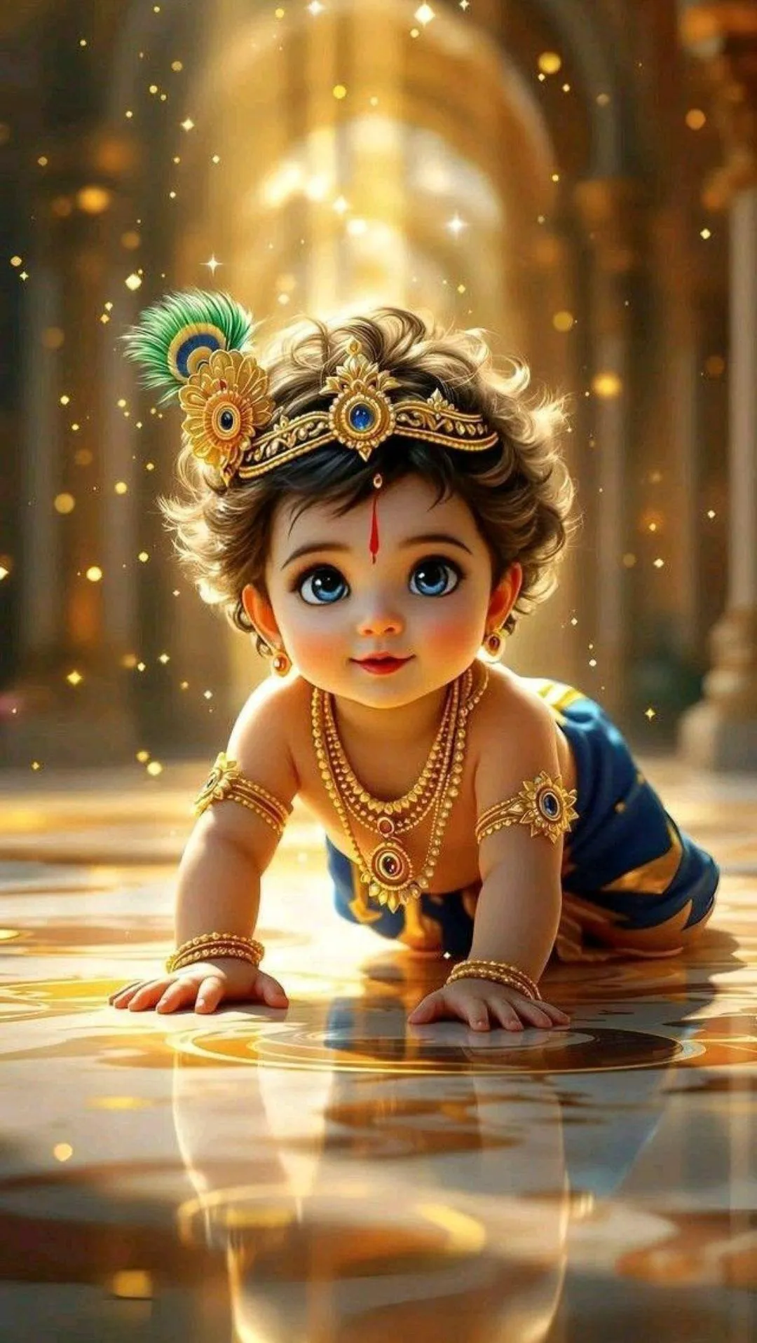 Adorable Little Krishna Crawling with Golden Aura Divine