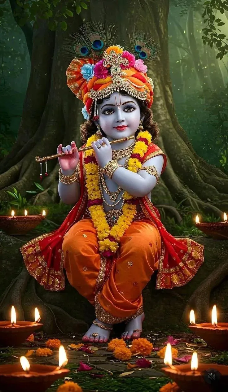 Adorable Little Krishna Sitting under Tree with Lamps Around