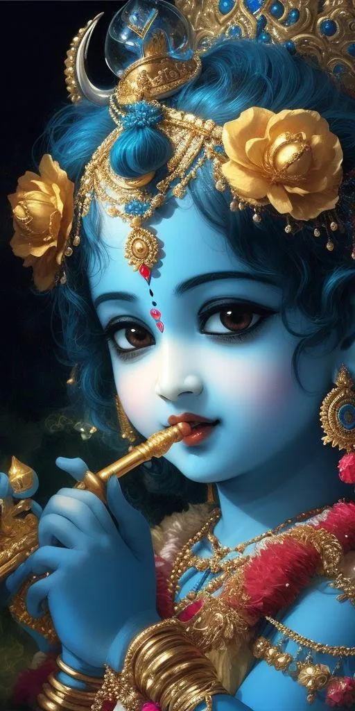 Adorable Lord Krishna Playing Flute with Floral Crown Glow