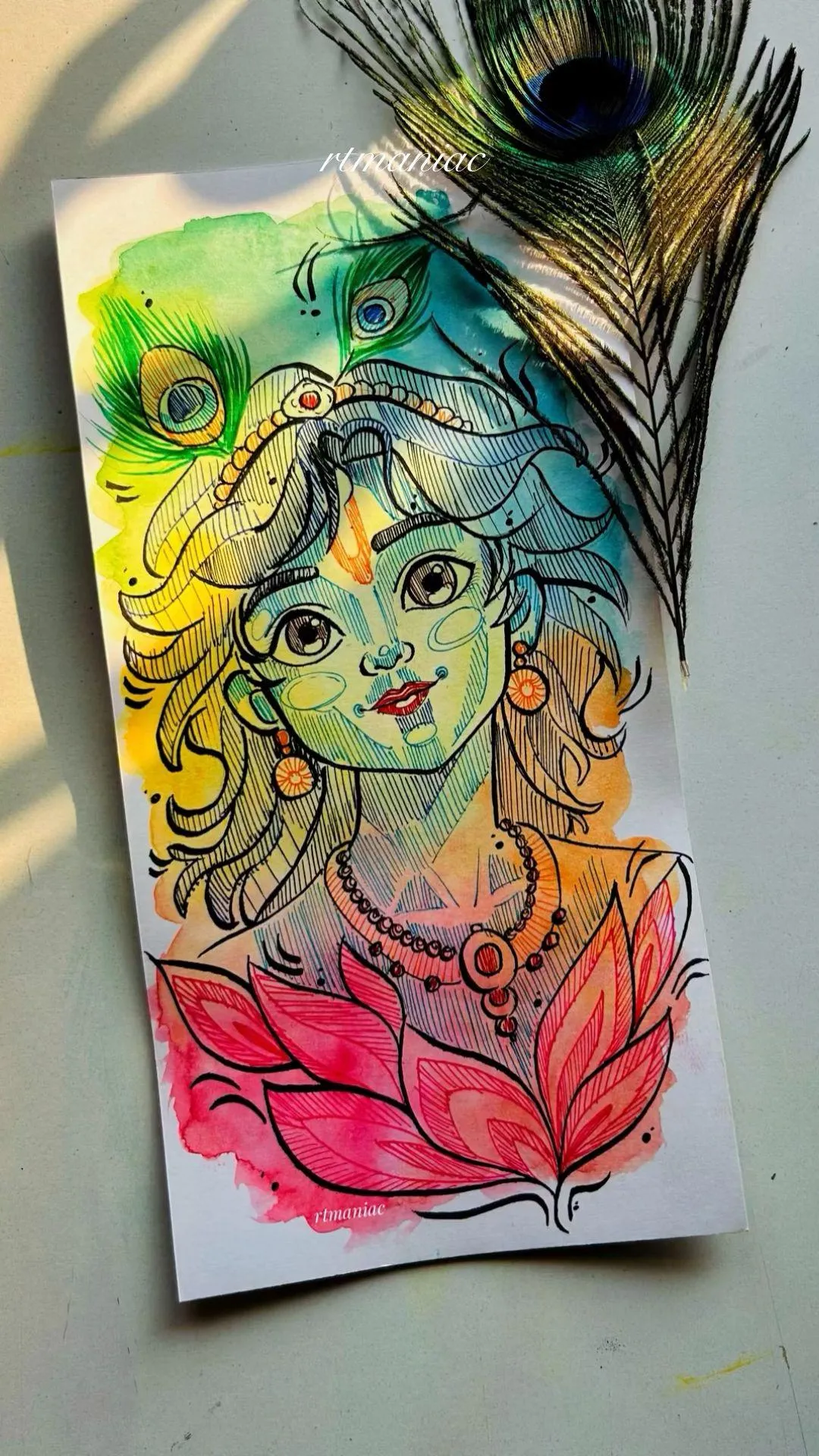 Beautiful Krishna Face Sketch with Peacock Feather Wallpaper