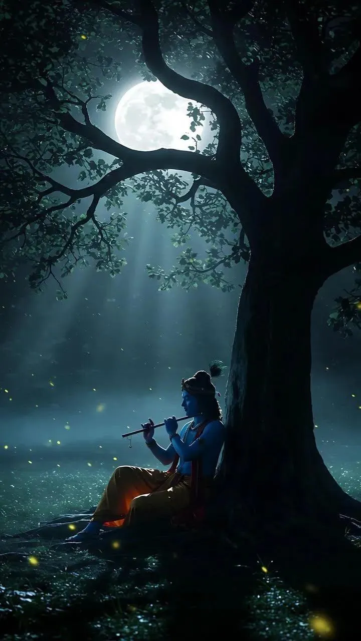 Calm Lord Krishna Playing Flute under Full Moon Night Tree