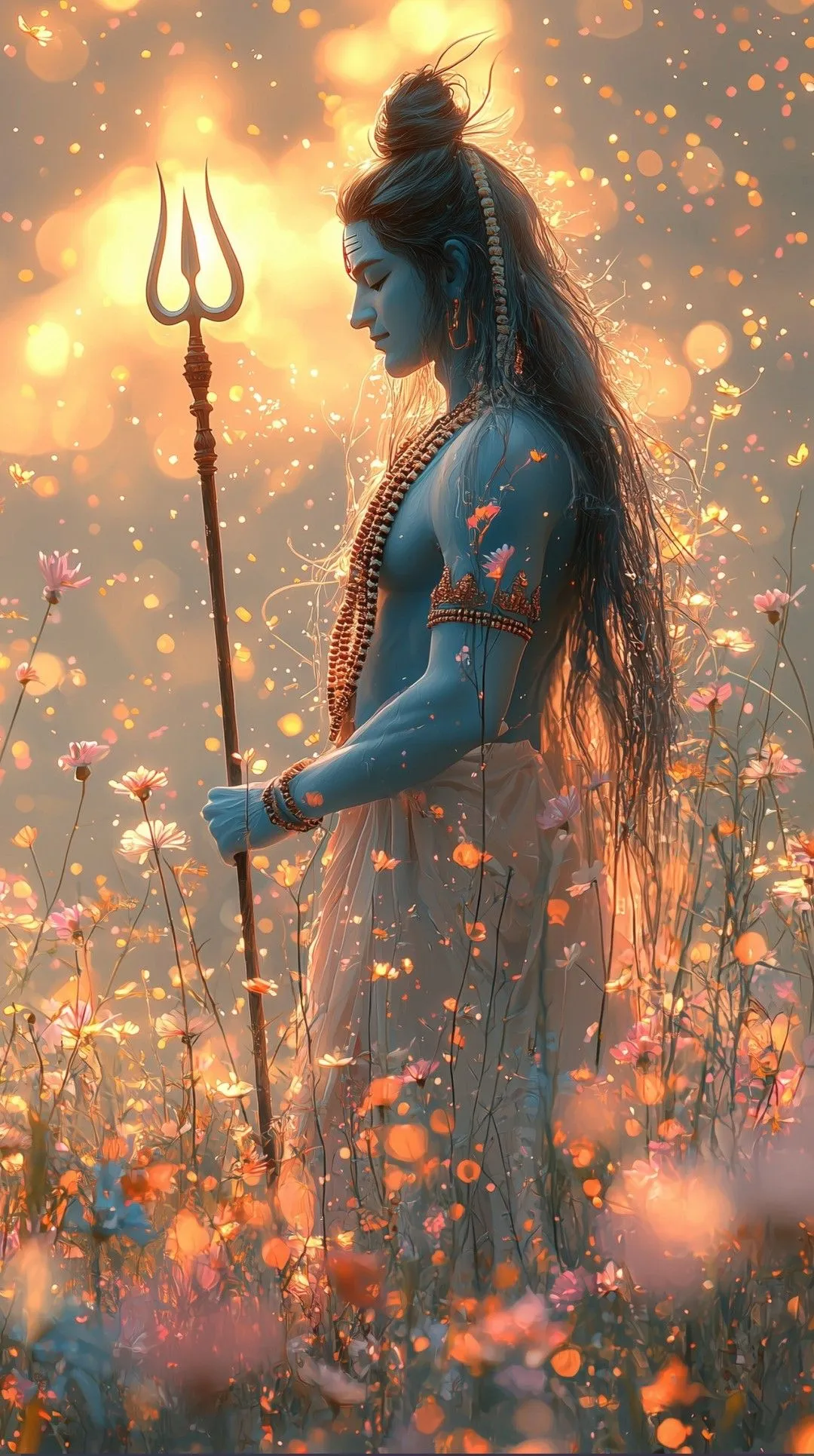 Calm Lord Shiva Holding Trishul in Sunset Glow Wallpaper