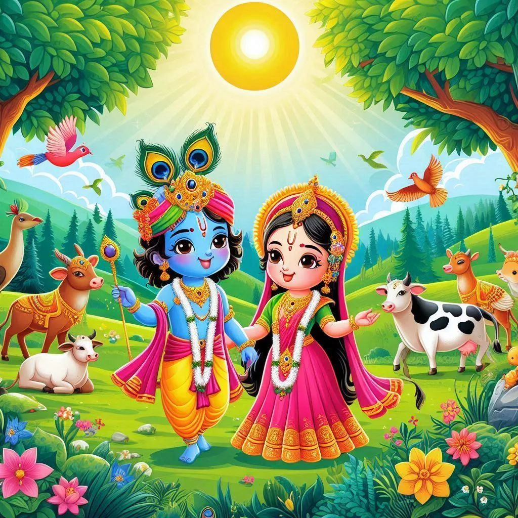 Cartoon Radha Krishna Playing in Garden with Cows Sunshine Art