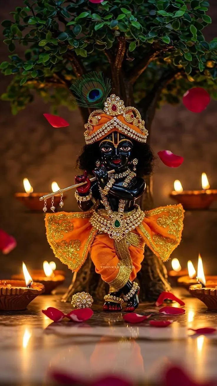 Charming Baby Krishna Statue Sitting with Lamps in Divine