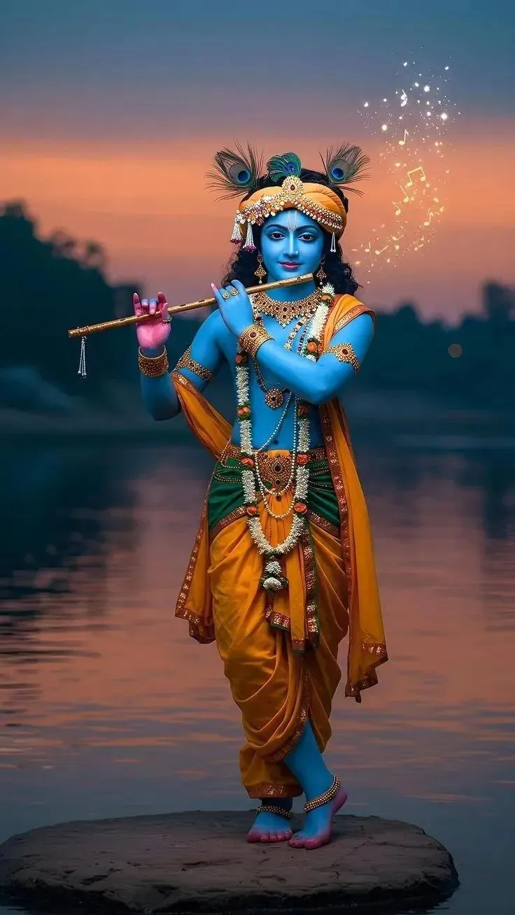 Charming Lord Krishna Playing Flute near Peaceful River Bank