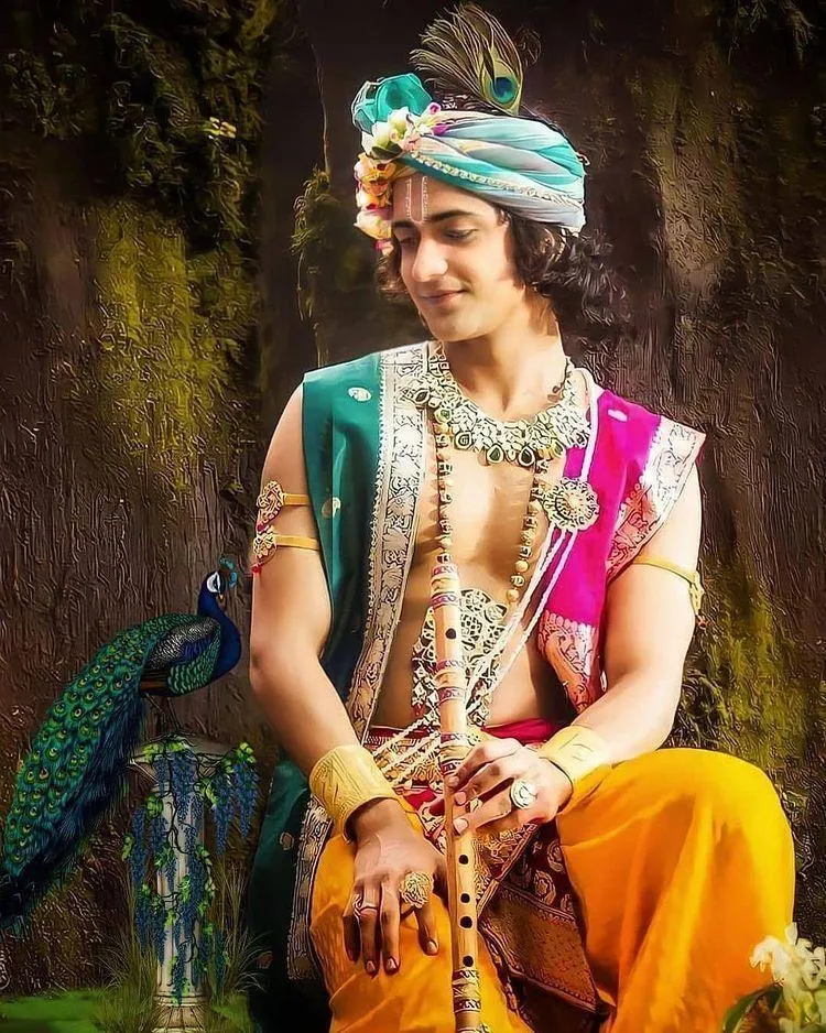 Charming Lord Krishna Sitting Gracefully with Peacock Wallpaper