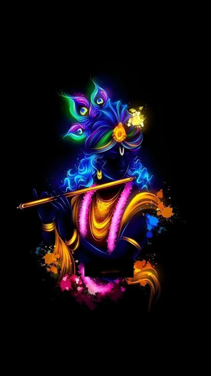 Colorful Neon Krishna Playing Flute with Divine Artistic Aura