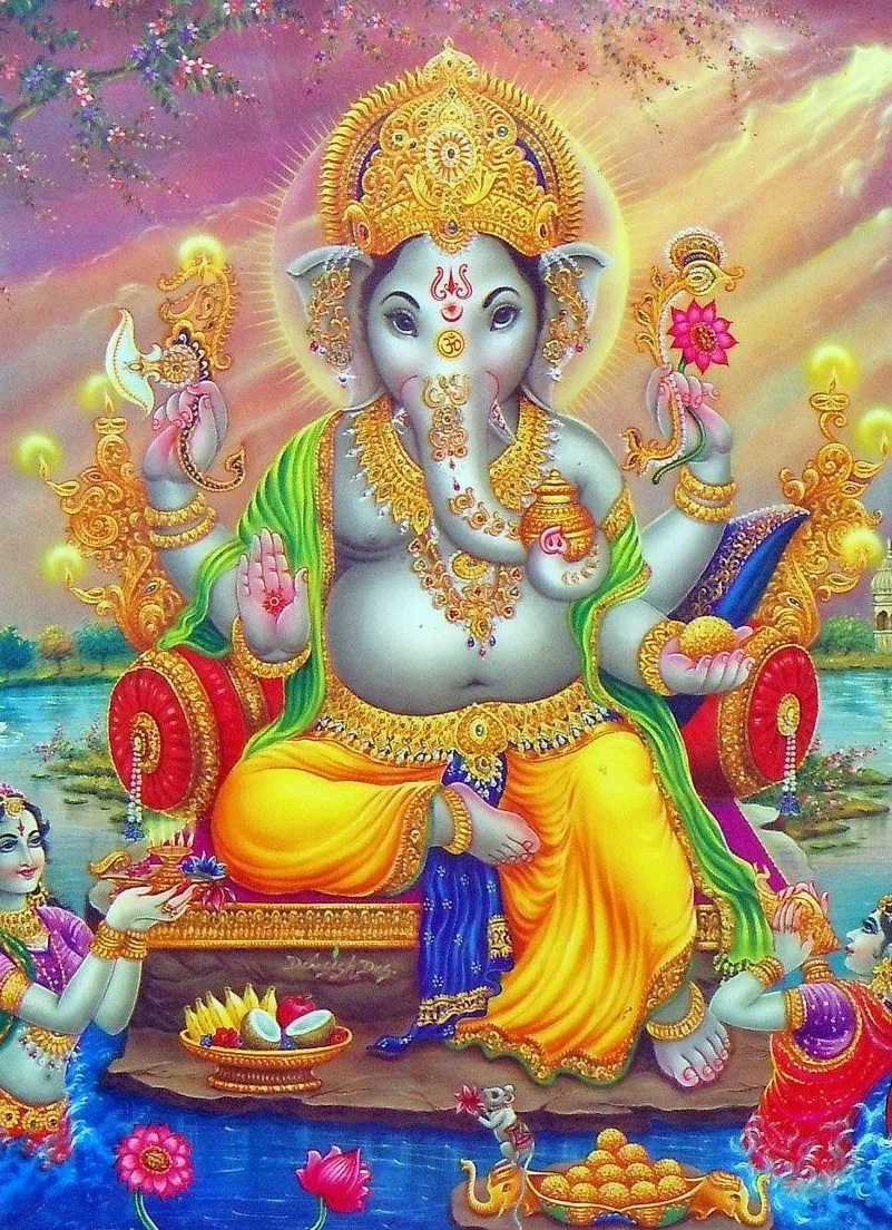 Colorful Seated Ganesha with Mouse and Lotus Wallpaper