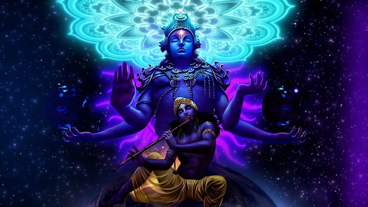 Cosmic Form of Lord Vishnu with Multiple Arms in Universe