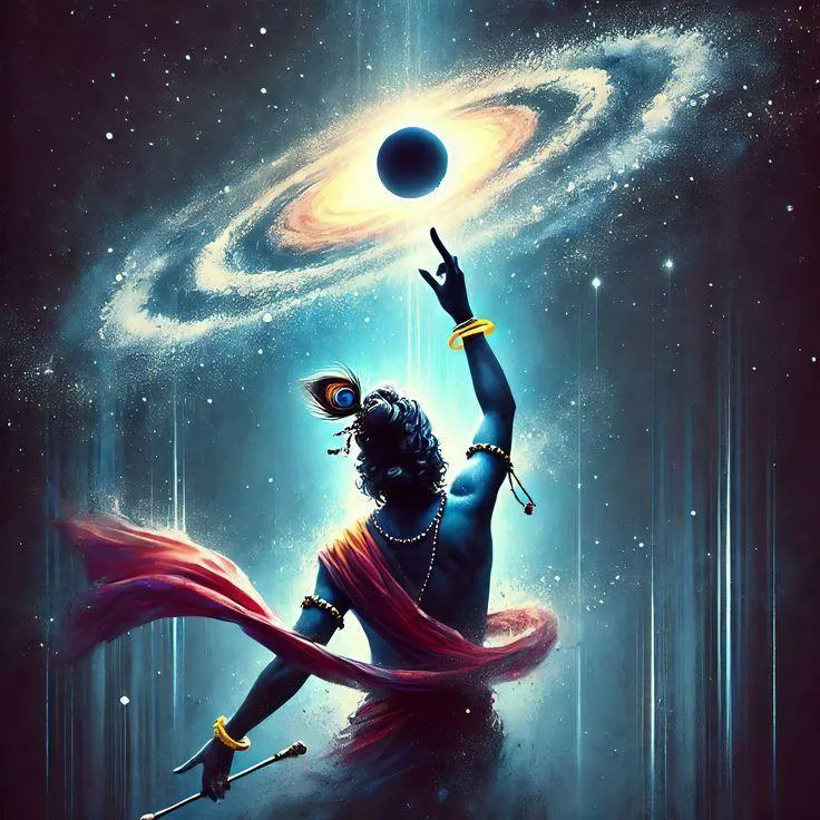 Cosmic Krishna with Galaxy and Flute Artwork Wallpaper