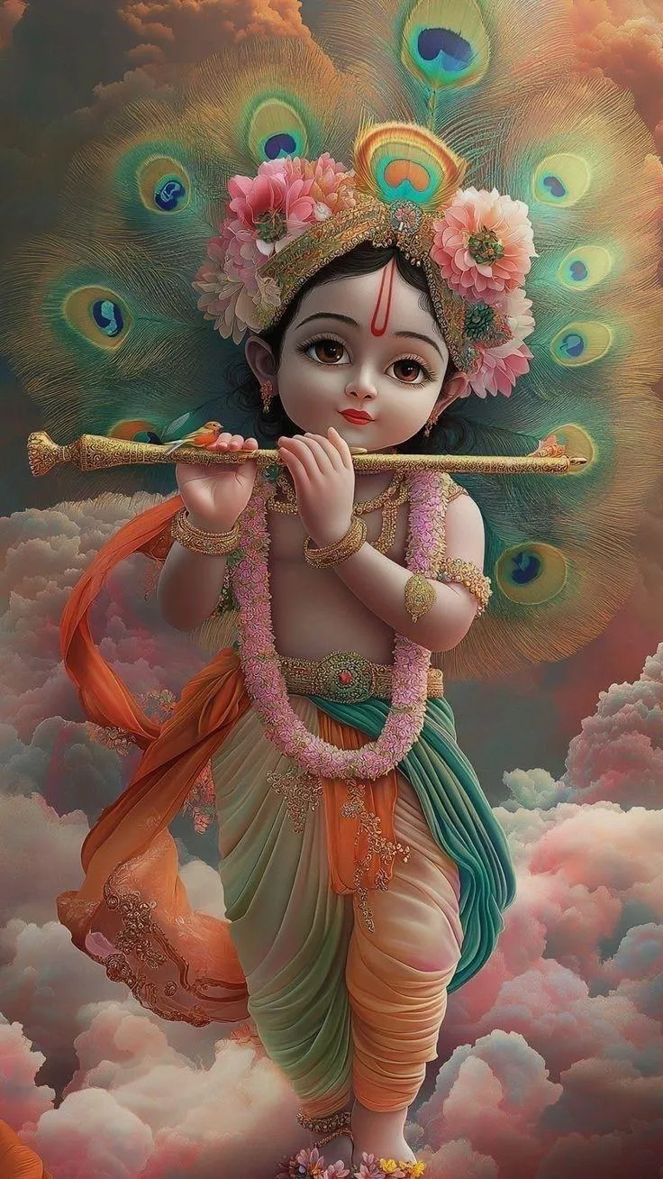 Cute Baby Krishna Playing Flute with Peacock Feathers Art